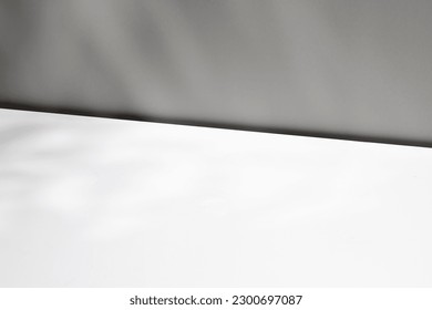 Empty white background with window shadow, sunlight, sun. Template for advertising, presentation, cosmetic products. Photography. Diagonal scene.