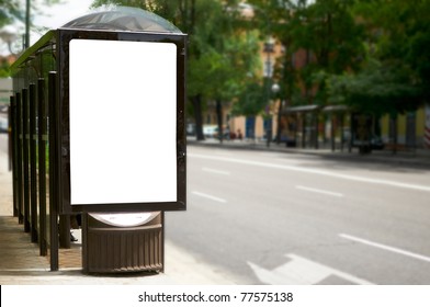 Empty White Billboard At Bus Stop