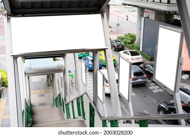 Empty White Billboard On Train Station. Blank Billboards Of Advertising Space At Pedestrian Walkway Of MRT Train Station For Mock Up Display Purpose; OOH Media