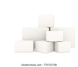 Empty white boxes stacked on white background. Put the picture on the white box to promote the product. 3D Rendering
