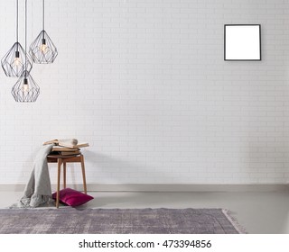 Empty White Brick Wall And Lamp With Rug Living Room Concept And Frame