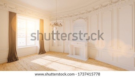 Empty white bright room with stucco in an old villa with fireplace