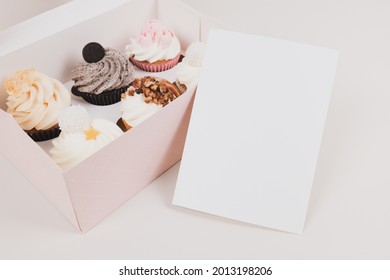 Empty White Card Mockup With Six Cupcakes In A Light Pink Box, Sweet Birthday Surprise And Valentine's Day Gift