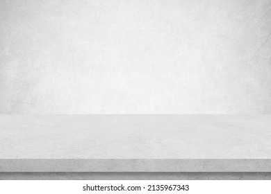 Empty White Cement Table Over White Cement Concrete Wall Background, Banner, Table Top, Shelf, Counter Design For Product Display Montage