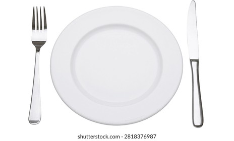 Empty white ceramic dinner plate with stainless steel fork and table knife