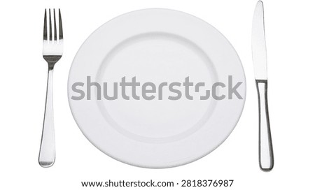 Empty white ceramic dinner plate with stainless steel fork and table knife