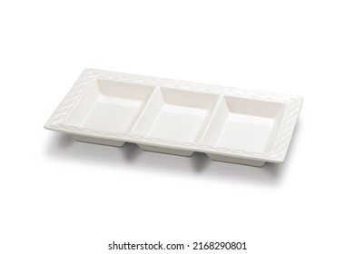 Empty White Ceramic Snack Plate, With Three Divisions, Isolated On White