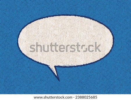 Empty white chat bubble on a background pattern of blue printing dots from real vintage comic book page