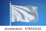 Empty white clear flag waving against clean blue sky, close up, isolated with clipping path mask alpha channel transparency