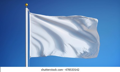 Empty white clear flag waving against clean blue sky  close up  isolated and clipping path mask alpha channel transparency