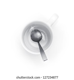 Empty White Coffee Cup With Metal Spoon Top View