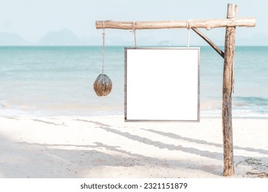 Empty white copy space old wooden sign on tropical beach abstract bacakground. Summer vacation and nature concept.