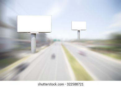 Empty White Digital Billboard On Blur Highway Road Background