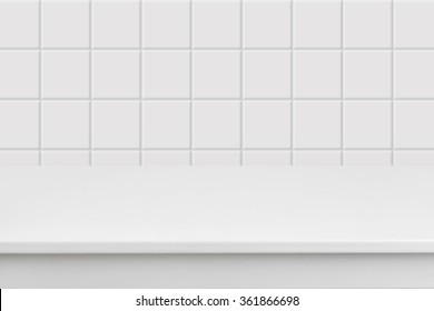 Empty white laminated surface over blurred square ceramic tile wall