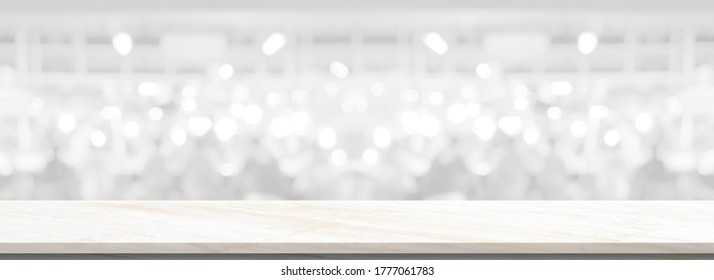 Empty White Long Marble Over Blur Background, For Your Photo Montage Or Product Display, Space For Placing Items On The Table, Product And Food Display.