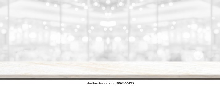 Empty White Long Marble Over Blur Background, For Your Photo Montage Or Product Display, Space For Placing Items On The Table, Product And Food Display.