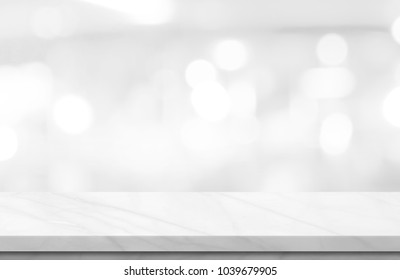 Empty White Marble Over Blur Background, For Your Photo Montage Or Product Display, Space For Placing Items On The Table, Product And Food Display.