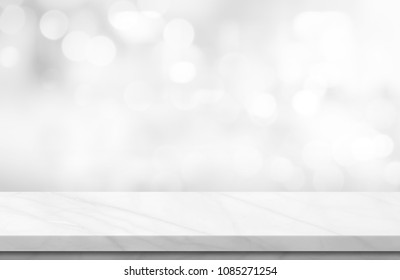 
Empty White Marble Over Blur Background, For Your Photo Montage Or Product Display, Space For Placing Items On The Table, Product And Food Display.
