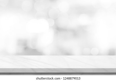 Empty White Marble Over Blur Background, For Your Photo Montage Or Product Display, Space For Placing Items On The Table, Product And Food Display.