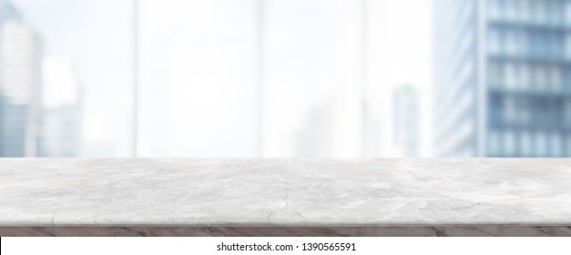 Empty White Marble Stone Table Top And Blur Glass Window Wall Building Banner Mock Up Background - Can Used For Display Or Montage Your Products.