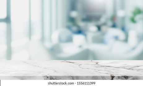 Empty white marble stone table top and blur glass window interior restaurant banner mock up abstract background - can used for display or montage your products. - Shutterstock ID 1556111399