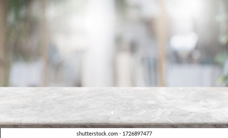 Empty white marble stone table top and blur glass window interior lobby and hall way banner mock up abstract background - can used for display or montage your products. - Shutterstock ID 1726897477