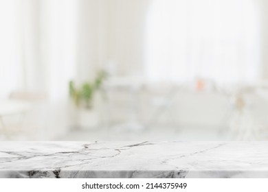 Empty white marble stone table top and blur glass window interior restaurant banner mock up abstract background - can used for display or montage your products. - Shutterstock ID 2144375949