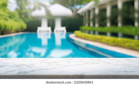 Empty white marble stone table top and blurred swimming pool in tropical resort in summer banner background - can used for display or montage your products.