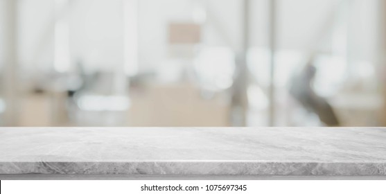 Empty white marble stone tabletop and blurred bokeh office interior space banner background - can used for display or montage your products. - Shutterstock ID 1075697345
