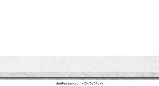 Empty white marble table isolated on white  background, banner, product display montage