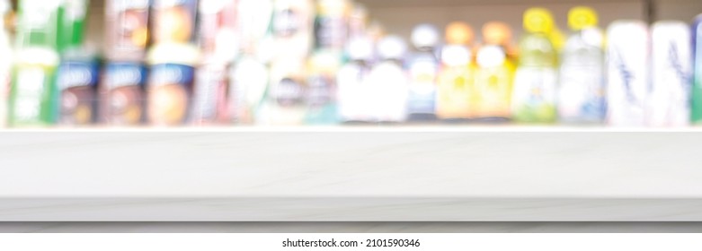 Empty White Marble Table Over Blur Product Shelf At Grocery Supermarket In Shopping Mall Background, For Product Display Montage, Template Background