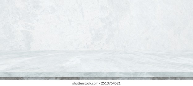 Empty white marble table over white cement wall background, White shelf, counter for food and product display montage backdrop, Table top, desk surface banner, mockup, template