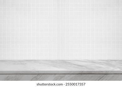 Empty white marble table top with blur tile wall bathroom background