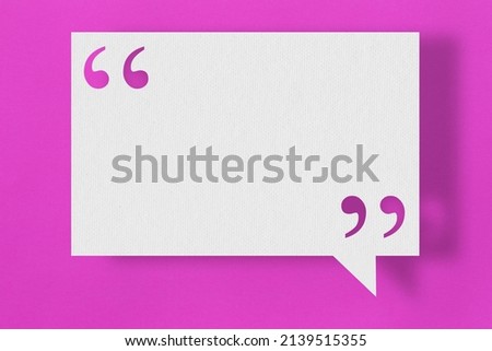 Empty white note paper floating on purple or pink art paper background and have quotation mark for design in your work.