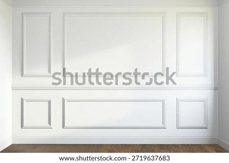 Empty white panelling wall background, classical design, with wooden floor. Mock up, 3D rendering.