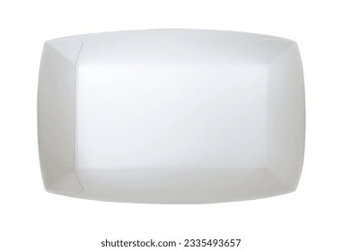 Empty white paper food tray isolated on white background with clipping path, top view. Mock up template, no label. Disposable, eco friendly, recycle packaging concept.
