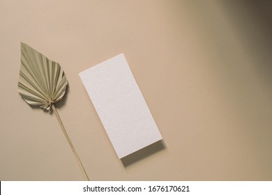 Empty White Paper Mock Up With On Beige Background. Holiday Marketing, Business Card And Email Newsletter Concept.