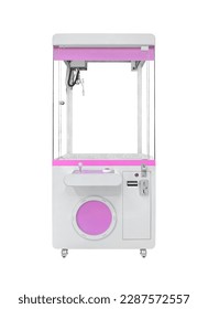 empty white and pink claw machine decorated with pastel pink isolated on white background