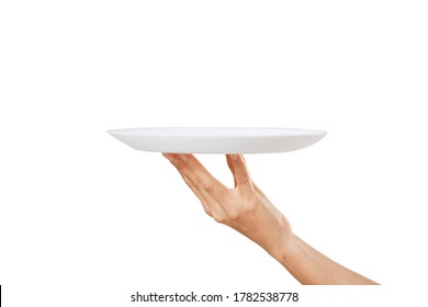 Empty white plate on a woman hand on a white background, clipping path
