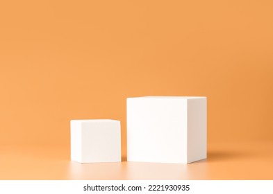 Empty white podium stage made with two white cubes on a beige backdrop. Mockup scene for product presentation. Studio photography. Product showcase or display.