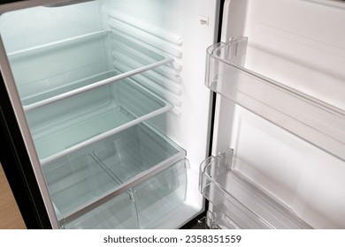 Empty white refrigerator, very clean with door open