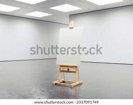 Empty white room with clean floor and an empty canvas on an easel