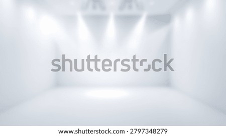 An empty white room interior features blurred walls and bright overhead spotlights that create a clean minimalist studio background for photography.