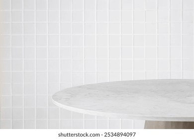 Empty white round marble table top with blur tile wall bathroom background