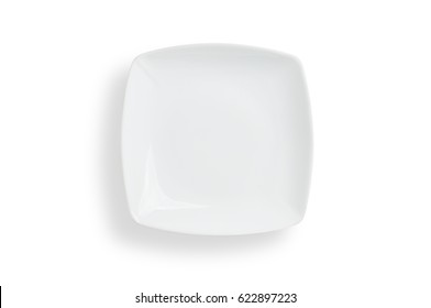 Empty White Square Plate On White Background, Clipping Path Included.