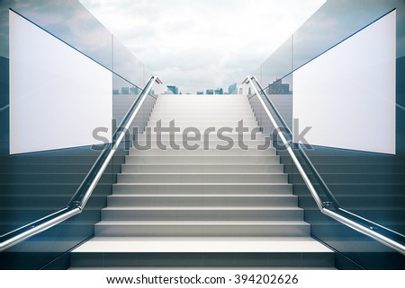 Empty white stairs in pedestrian subway with dull sky. 3D Render