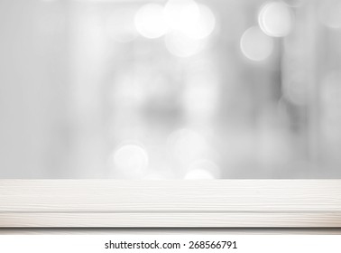 Empty White Table And Blurred Store Bokeh Background, Product Display Montage