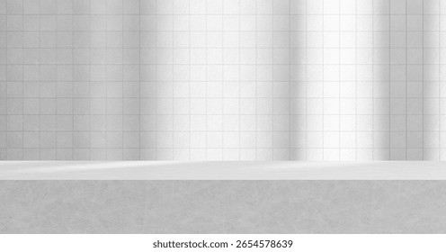 Empty white table with white tile wall background with sunlight from windows and shadows. Table mock up copy space tabletop counter empty copy space