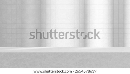 Empty white table with white tile wall background with sunlight from windows and shadows. Table mock up copy space tabletop counter empty copy space