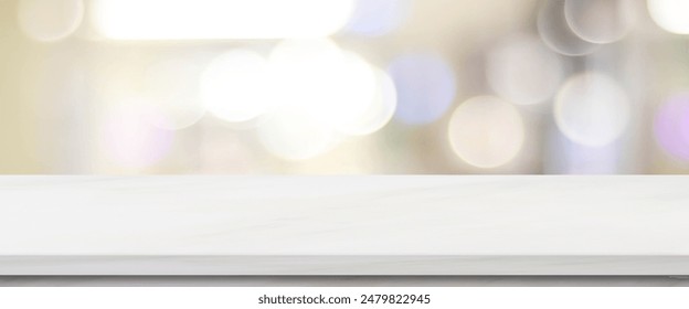 Empty white table top, counter, desk over blur perspective store with bokeh light background, White marble stone table, product display mockup, template backdrop, banner
